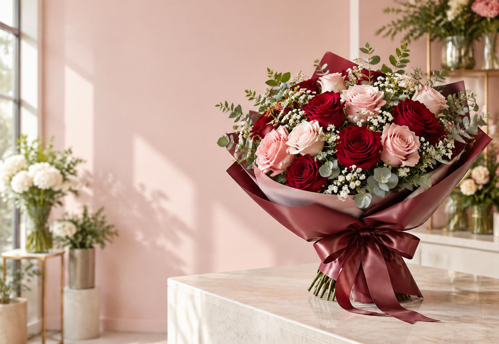 Buquê de rosas vermelhas e rosadas no ateliê Recanto das Flores